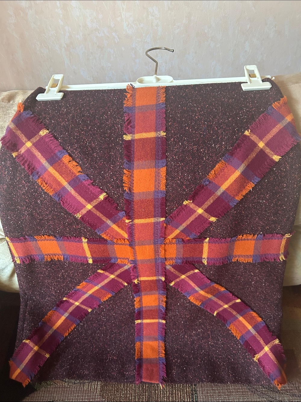 Escada Plum Tweed A-Line Skirt with Orange and Purple Plaid Straps